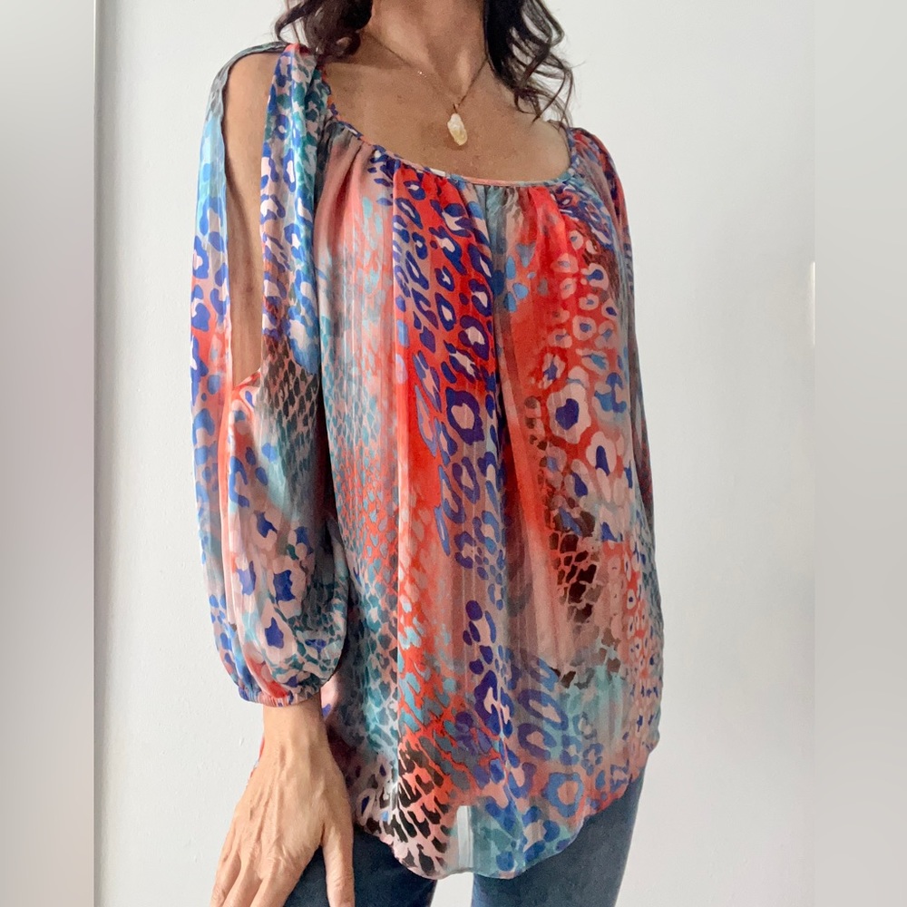 Leopard Satin Stripe Cold Shoulder Blouse